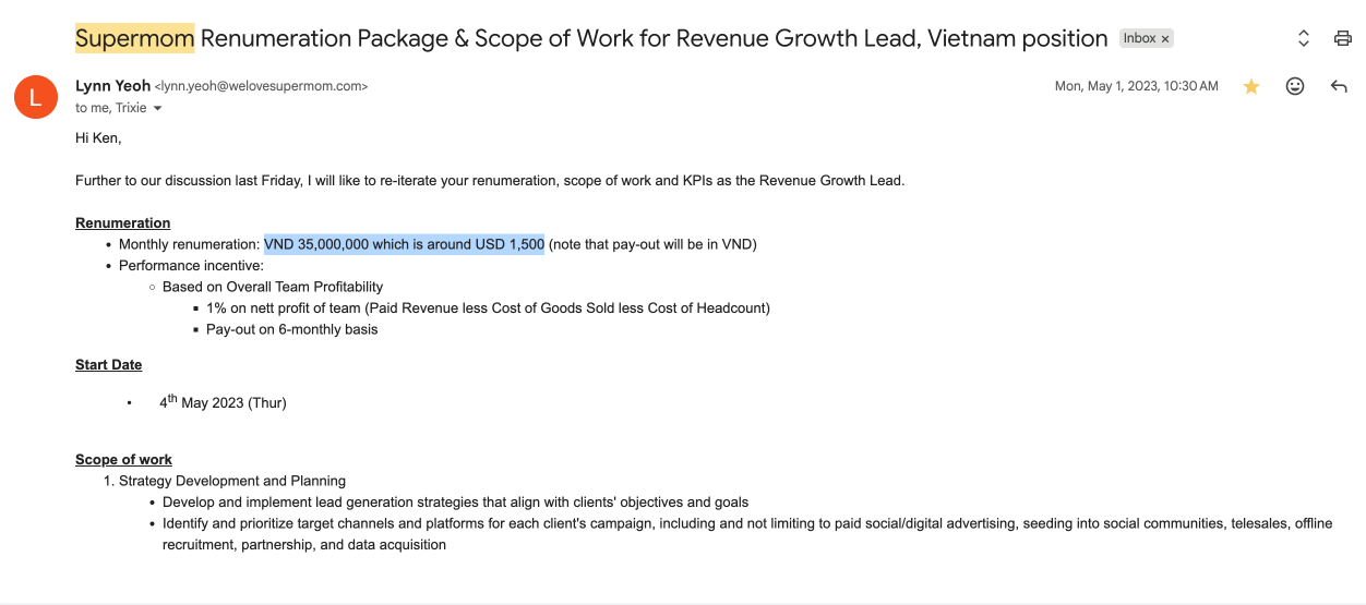 Offer công việc mức lương 1500 USD